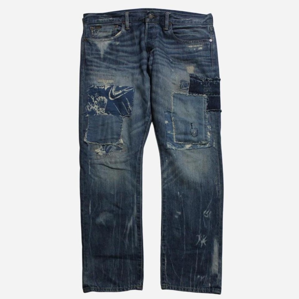 Mens Designer Polo Ralph Lauren Sachiko Koi Patchwork Distressed Grunge Jeans